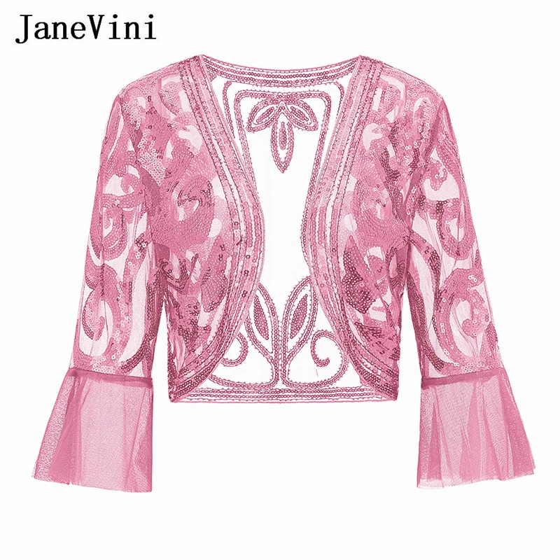 

JaneVini Elegant Pink Sequins Wedding Bolero with Sleeves Beadings Women Coat Stoles Bridal Party Evening Dress Cape Tulle Femme