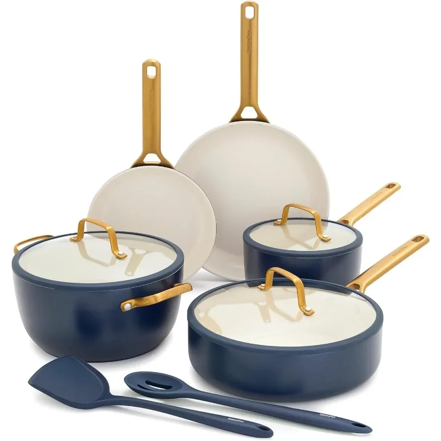 

Набор посуды с антипригарным покрытием Reserve Pro, 10 предметов, сертифицированные NSF керамические твердые анодированные кастрюли без PFAS, кастрюли с крышками, нержавеющая сталь Han