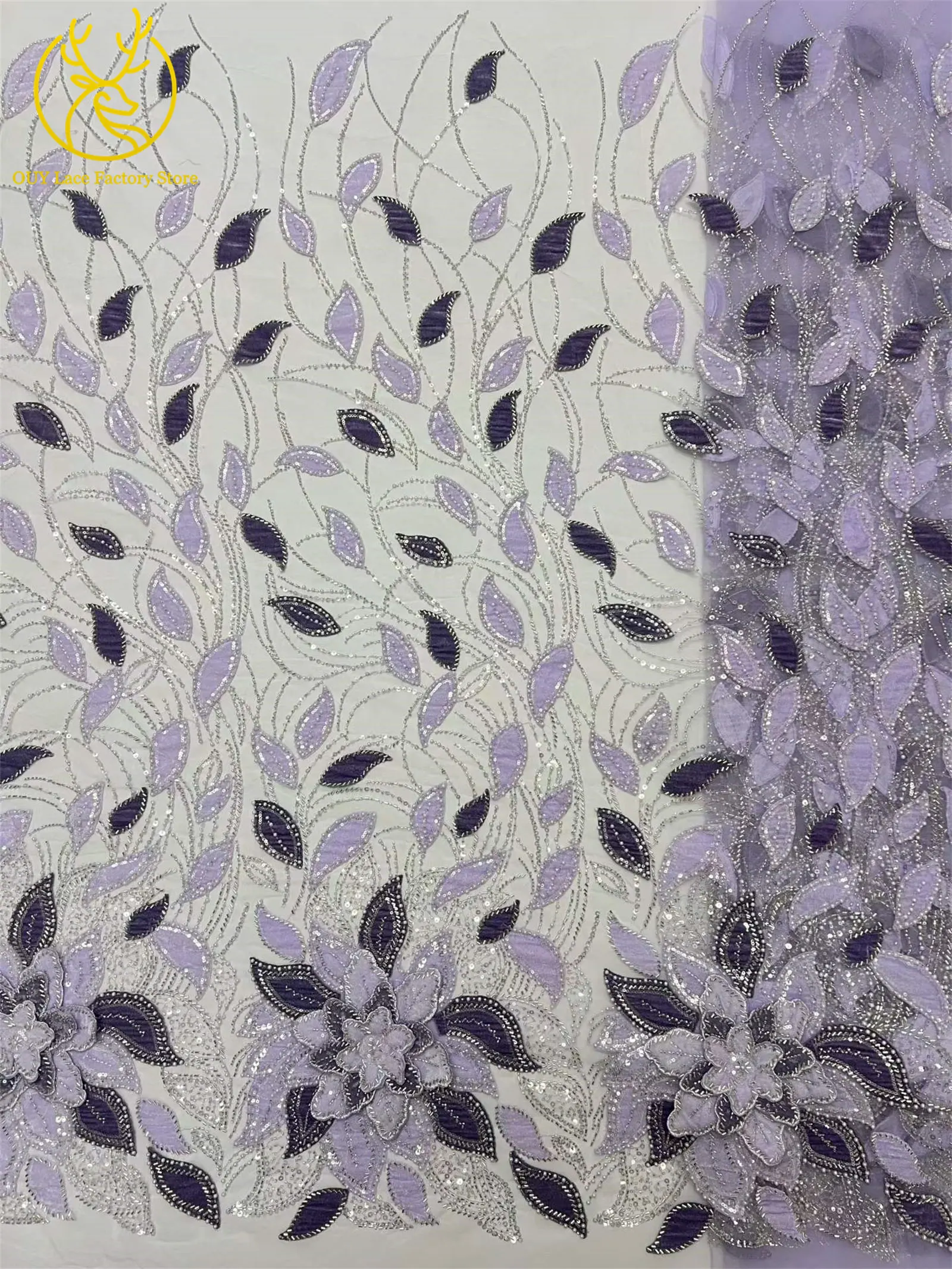 3D-Blumen handgefertigter Perlen-Spitzenstoff, afrikanischer Spitzenstoff, exquisiter nigerianischer Pailletten-Tüll-Spitzenstoff für Hochzeitskleider zum Nähen – Detail 5