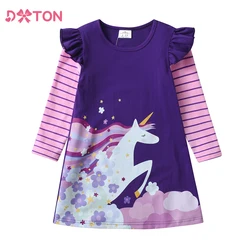 DXTON Kids Dress For Girls Floral Toddlers Cotton Dresses Striped Flying Sleeve Children Casual Winter Dress Unicorn Clothes