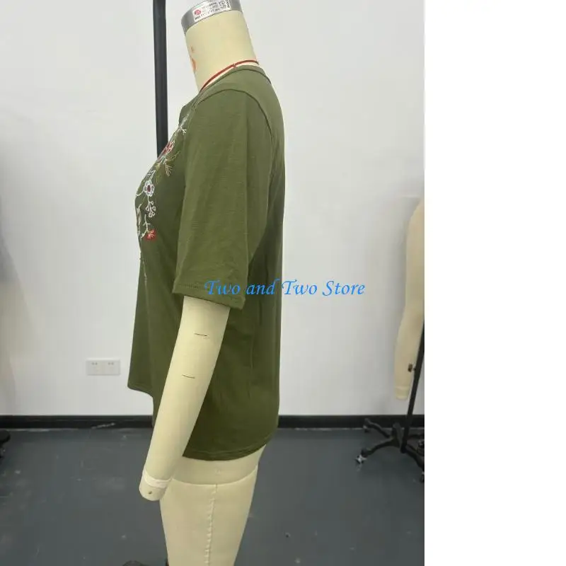 

HX6F Floral Embroidered Cotton Linen Shirts for Women 3/4 Sleeve Gauze Tops Ladies Casual Loose Blouses