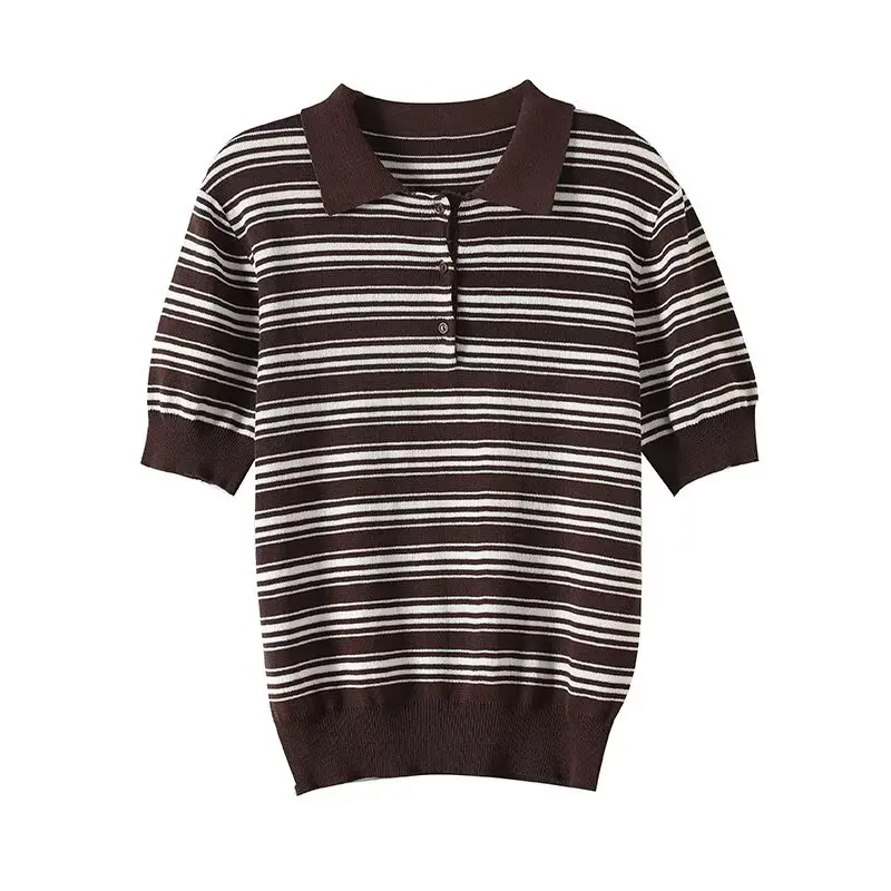 

2025 WOMAN Fashion European and American Style Autumn New Product Tongle Style Striped T-shirt Retro Short Sleeve Top Mujer