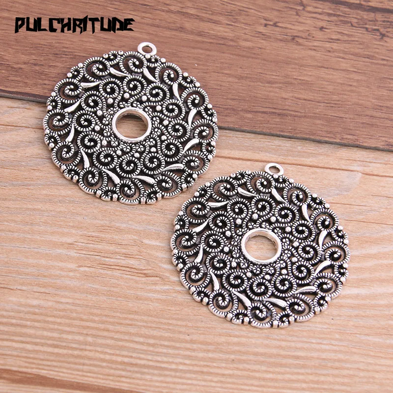 2Pcs 49*53mm Two Color Plated Big Round Hollow Pattern Pendants Making DIY Handmade Tibetan Silver color Finding Jewelry