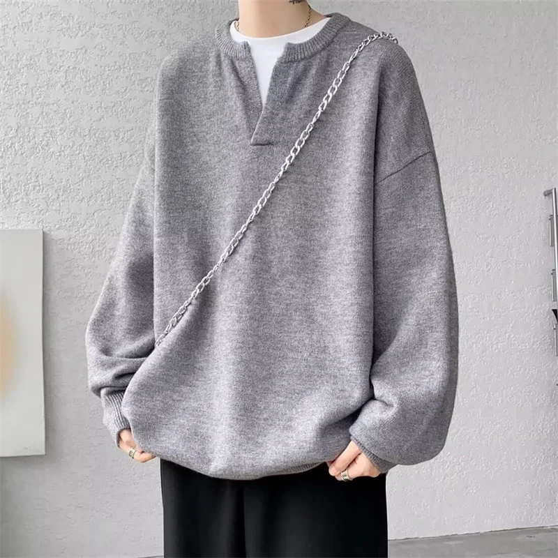 

Autumn Men's Clean Fit V-Neck Base Sweater High Street Fashion Solid Color Loose Knitted Pullovers 2025 New Y2K Knitwear Jumpers