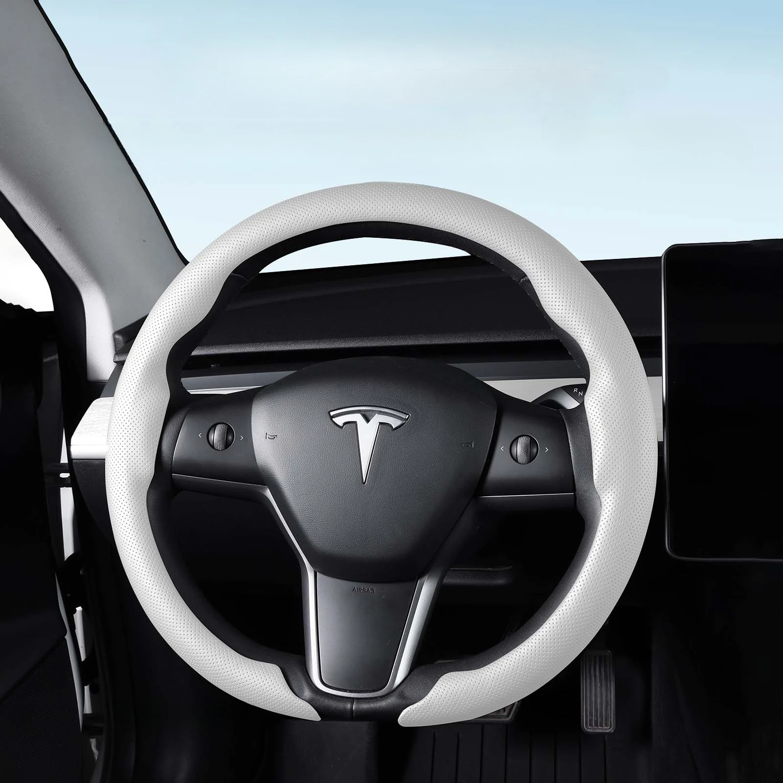 Nappa Atmungsaktiver Ultradünner Premium-Lenkradbezug Passend für Tesla Model Y Model X Model YL Auto-Innenausstattung