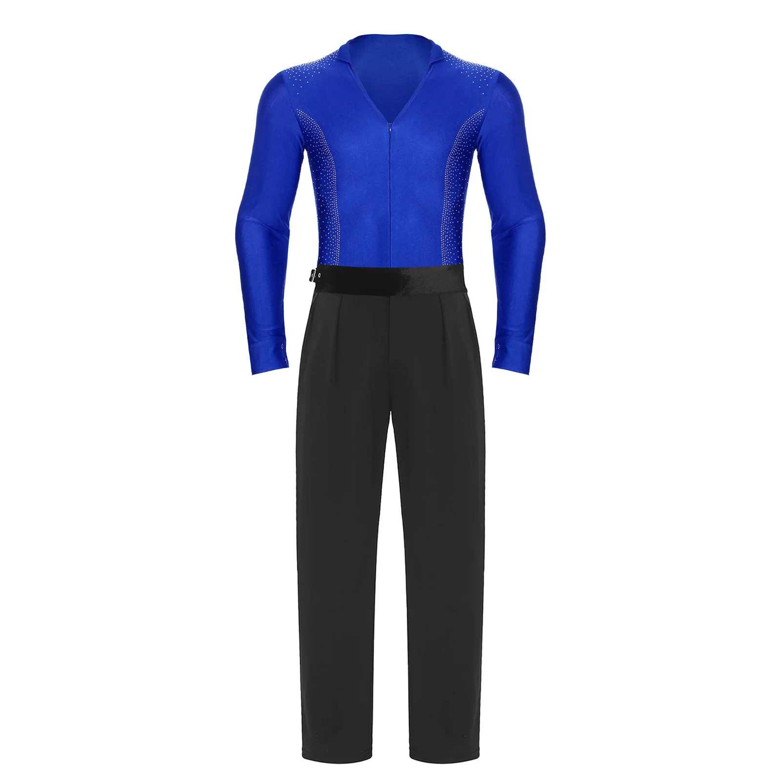 

Mens Latin Tango Dance Outfit V Neck Front Zip Long Sleeve Rhinestone Bodysuit And Long Pants 2Pieces Ballet Salsa Dance Costume