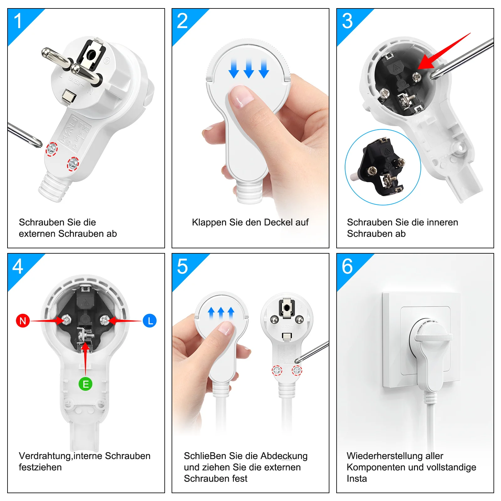 قابس زاوية Schuko مع اتصال أرضي، 250 فولت، 16 أمبير، قابس مسطح مع قبضة قابلة للطي وحماية مدببة الجهد، 3 قطع #5