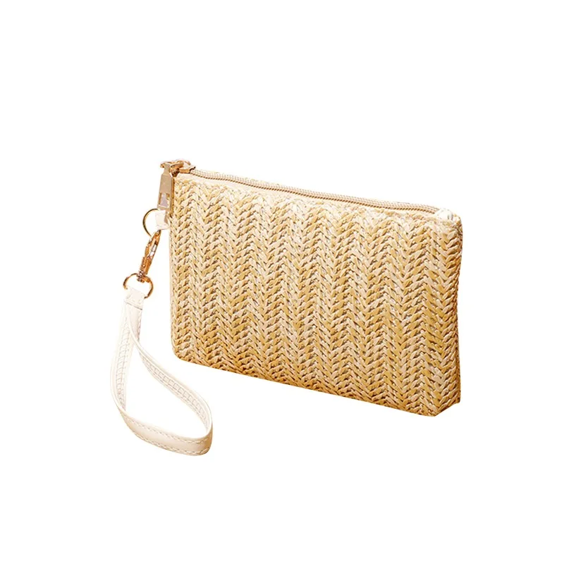 Weaving Wallet Fashion Ladies Wristlet Clutch Women Daily Money Phone Clutch Solid Straw Woven Coin Purse Beach Bag