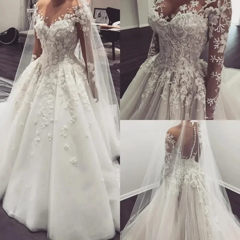 Customized Lace Ball Gown Wedding 2024 Fall Plus Size Sheer Beach Bridal Gowns Long Sleeves Beach Pearls Bridal Dress