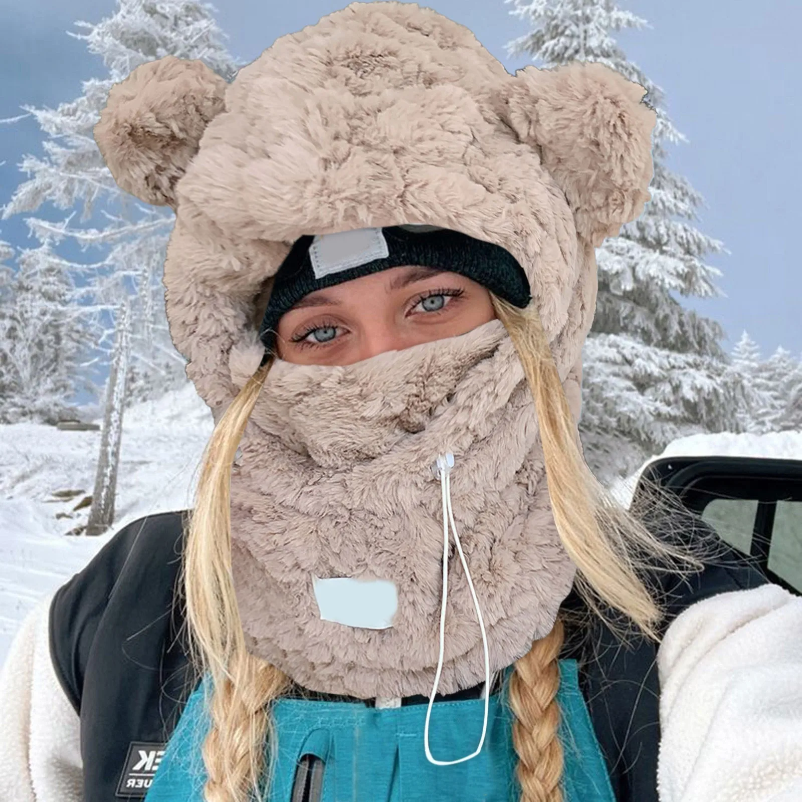 Women's Plush Hat Ear Protectors One-Piece Hat Winter Outdoor Ski Bike Mask Windproof Pullover Hat Thick Warm Caps Streetwear