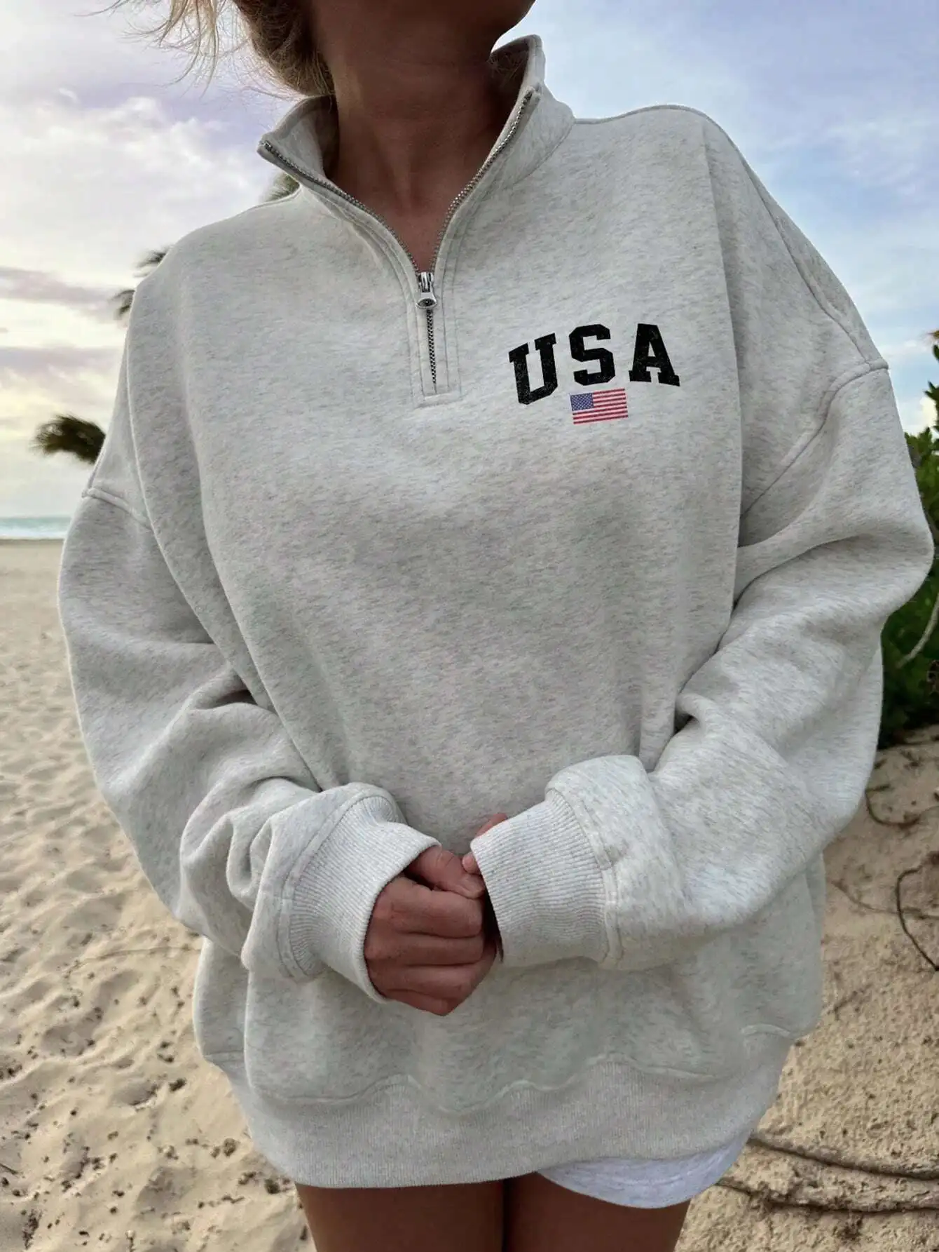 

Женская свободная толстовка на молнии с принтом флага США, серый меланж, повседневный топ для осени и зимы