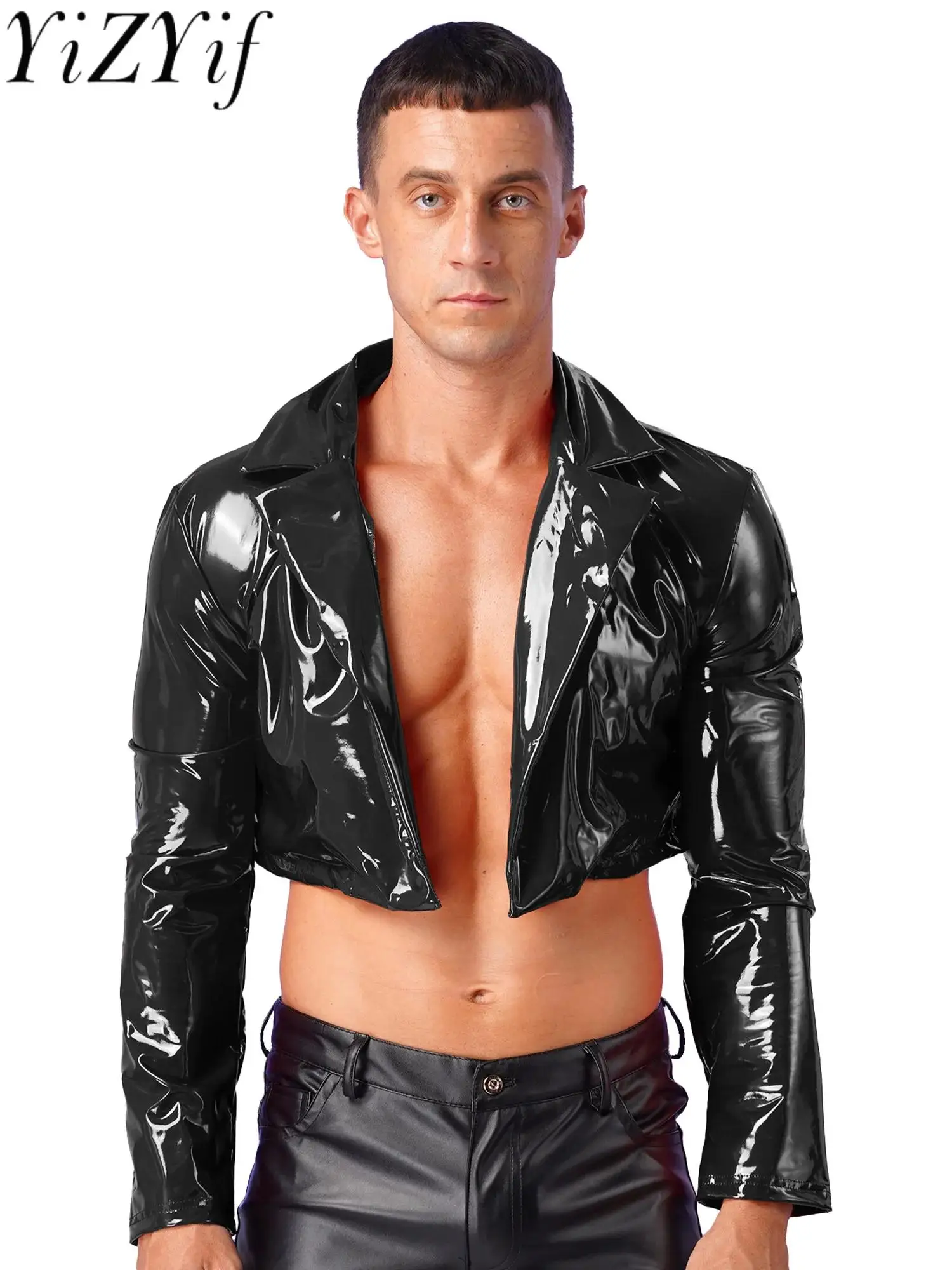 

Men Wet Look Patent Leather Coat Long Sleeve Shiny Metallic Tops Lapel Cropped Coat Club Moto Biker Jackets Nightclub Clubwear