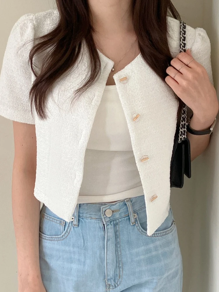 

Korean Sle ort Coat Women's round Ne Design Sense Top Early Spring Matching Outfit Small Size Bubble Sve Pure Color