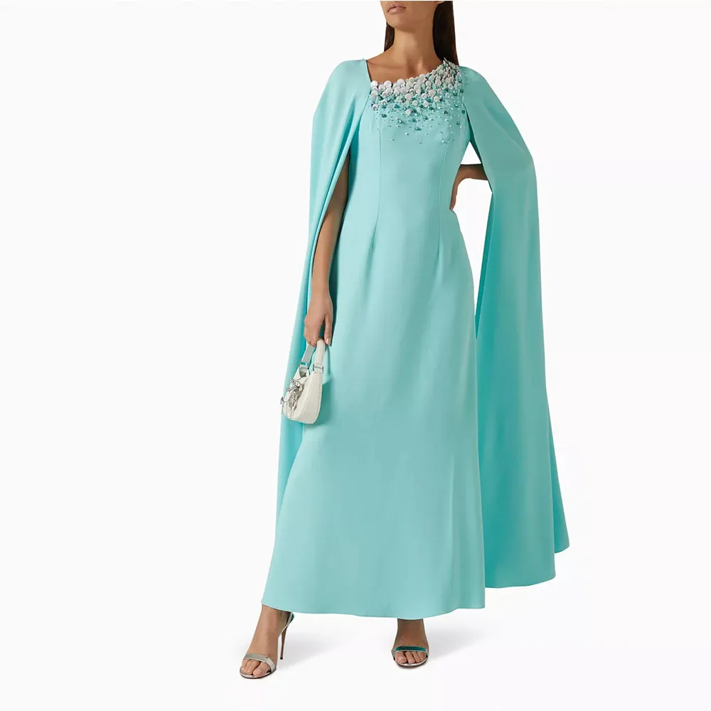 Modernes, maßgeschneidertes Abendkleid mit Umhangärmeln, Saudi-Arabien-Kleid, bodenlanges Ballkleid, mit Perlen verziertes formelles Hochzeits- und Partykleid