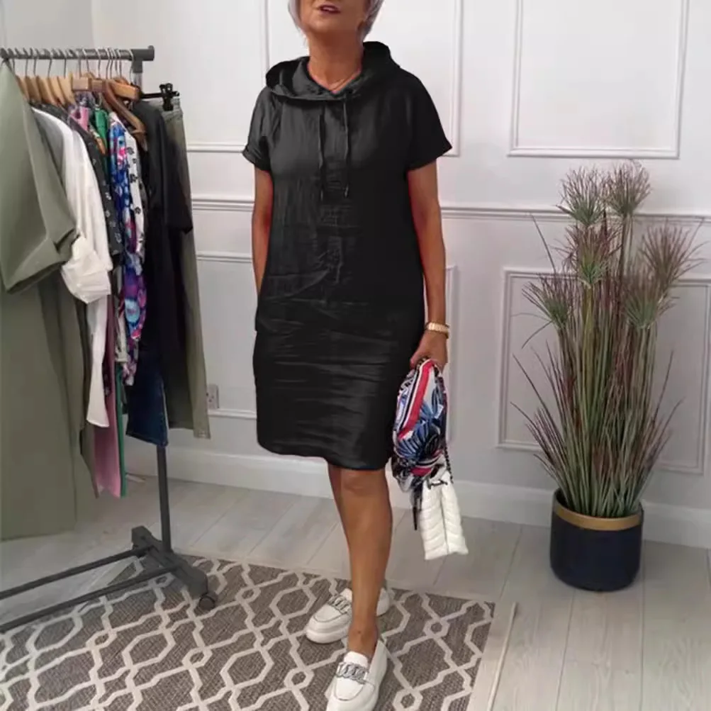 Spring Summer Pocket Hooded Dress Casual Short Sleeve Solid Color Dresses Women Jumpsuit Playsuit