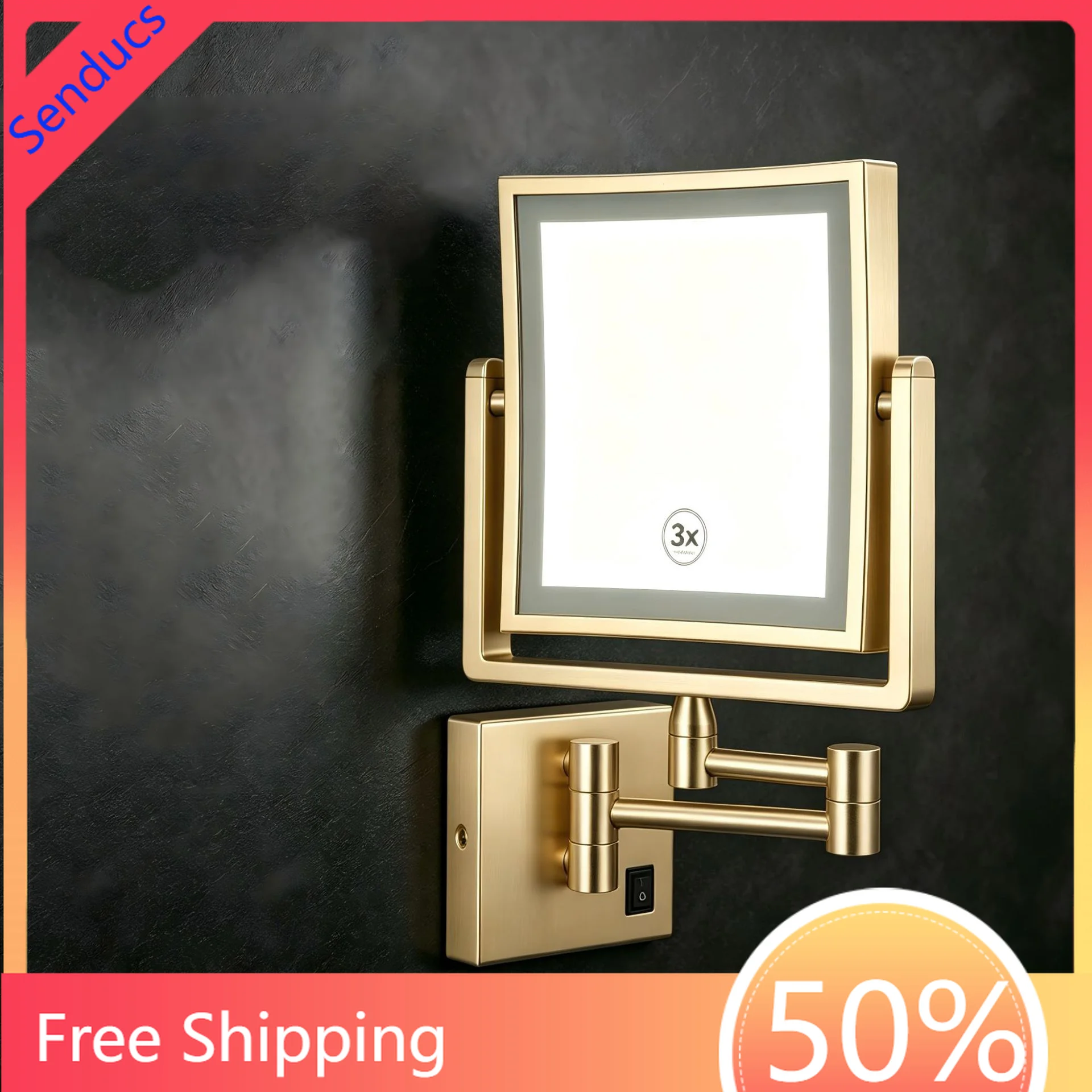 LED Folding Makeup Mirrors 3X Magnifying Copper Bathroom Mirror Wall Mounted Led Equipped Light Fold Bathroom Makeup Mirror