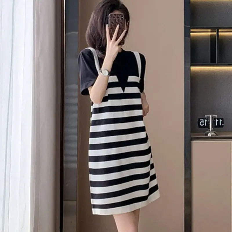 Commute Fake Two Pieces Dresses Female Clothing Korean Striped Spliced Loose Summer Short Sleeve Casual Round Neck Midi Dress