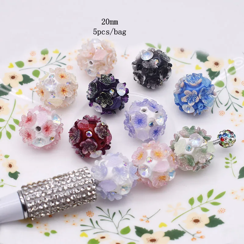 5pcs/bag Shiny Polymer Clay Beads Rainbow Rhinestone Disco Round Flower Beads for Jewelry Making DIY Pen Mobile Phone Chain