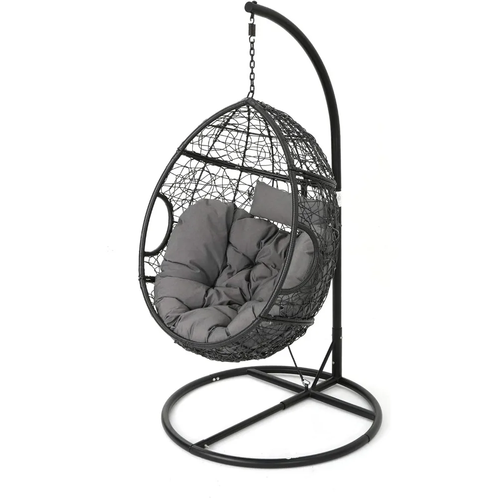 

Camping Chair Outdoor Black Wicker Hanging Basket Chair With Grey Water Resistant Cushions and Black Iron Base Recliner Fishing