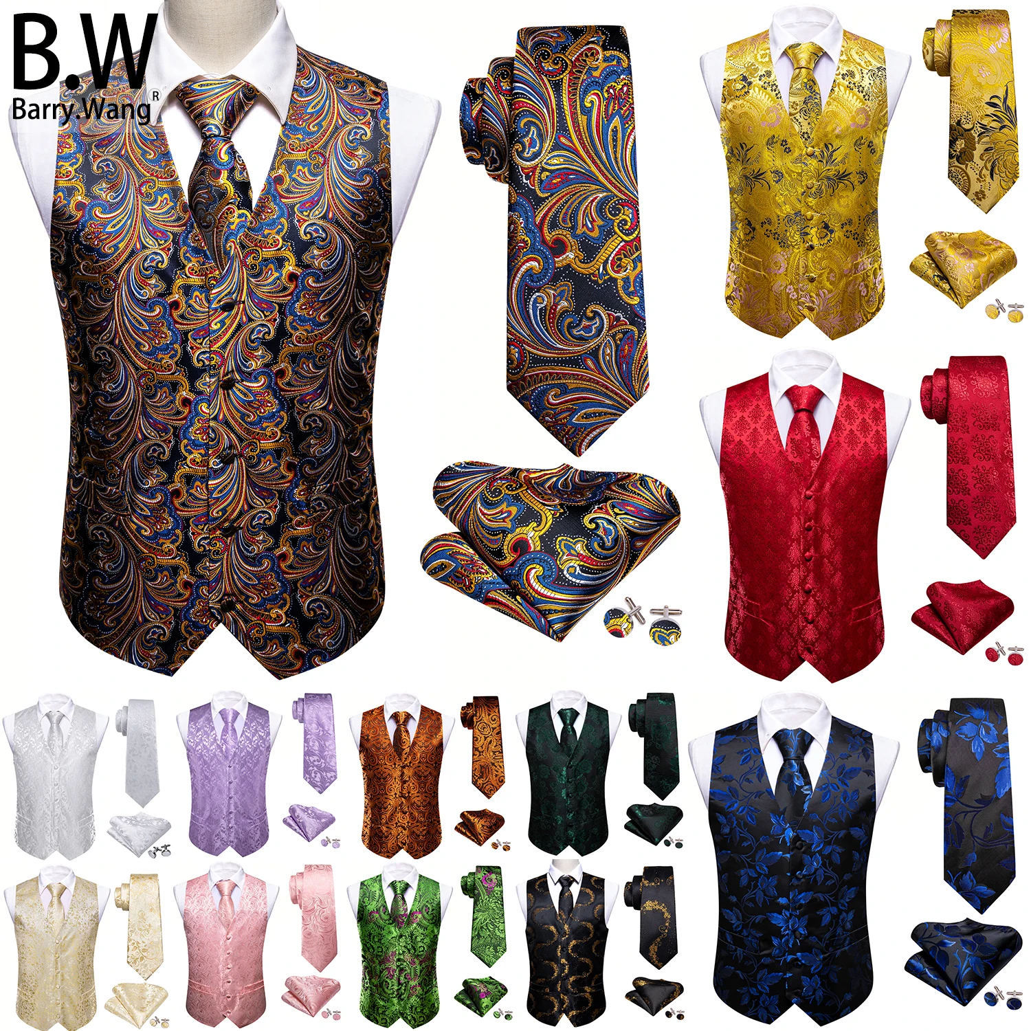 

Barry.Wang 100 Colors Silk Men Vest Tie Hanky Cufflinks Set Waistcoat Paisley Floral Jacquard Sleeveless Jacket Wedding Business