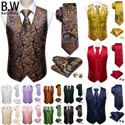 Barry.Wang 100 Colors Silk Men Vest Tie Hanky Cufflinks Set Waistcoat Paisley Floral Jacquard Sleeveless Jacket Wedding Business