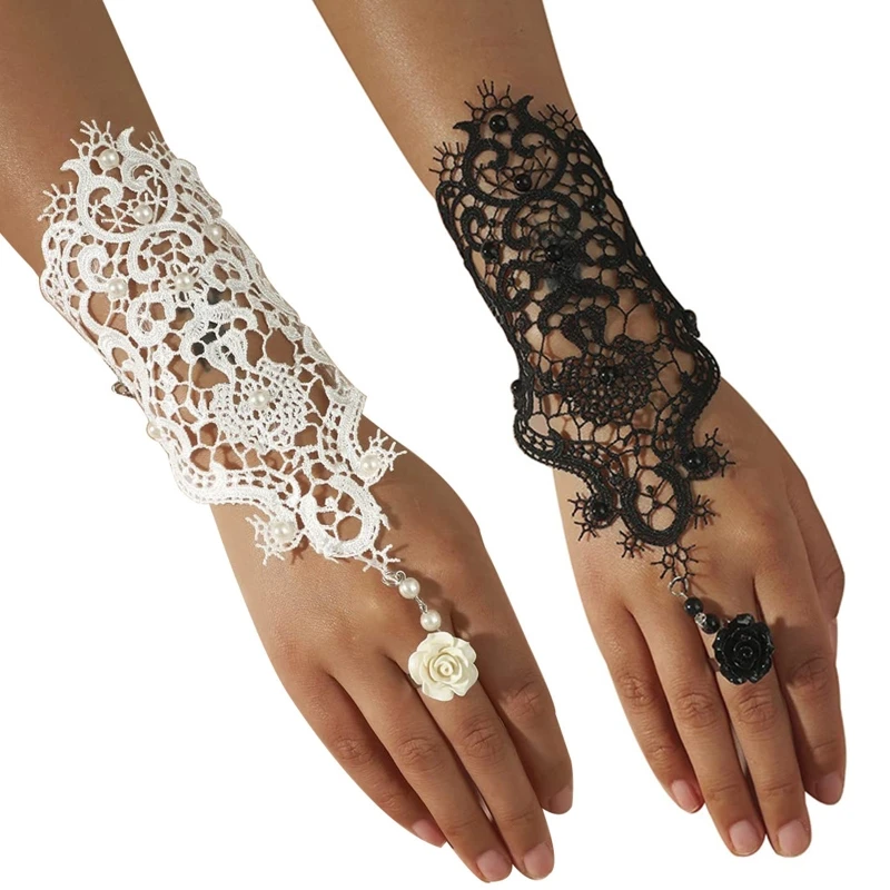 Wedding Bridal Black White Gloves Lace Bracelet Flower Decor Adjustable Ring Set Dropship