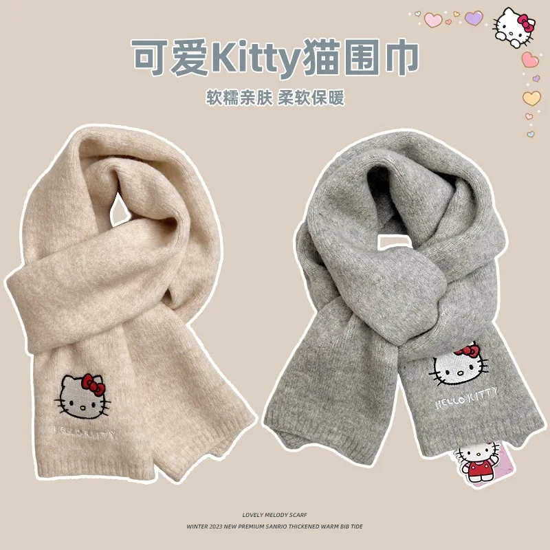 Sanrio Hello kitty Cute Knitted Scarf Winter Cartoon Going Out Thickening Warmth Student Work Kawaii Couple Birthday Gift Girls