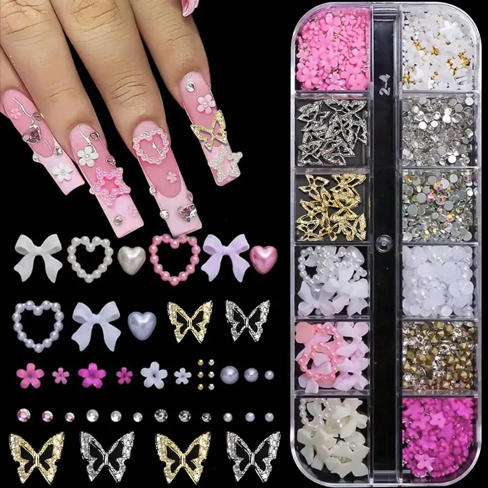 12Grid Pink White Bow Nail Art Jewelry Pearl Diamond Butterfly Mixed Rhinestone Nail Charms DIY Bowknot Gems Manicure Decoration