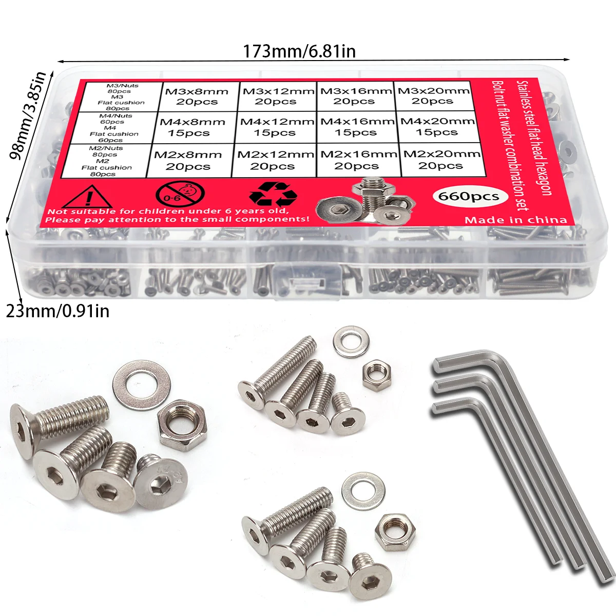 660-Piece Stainless Steel Flat Head Hexagon Nut and Bolt Set - M2, M3, M4 Flat Head Hexagon Socket Head (Wrench)