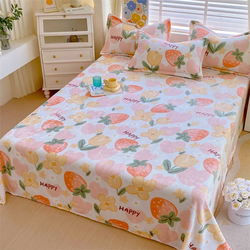 Cute Pink Strawberry Flat Sheet Sets Love Heart Floral Print Bedding Milk Velvet Soft Thick Bed Sheets for Kids Girl Women Room