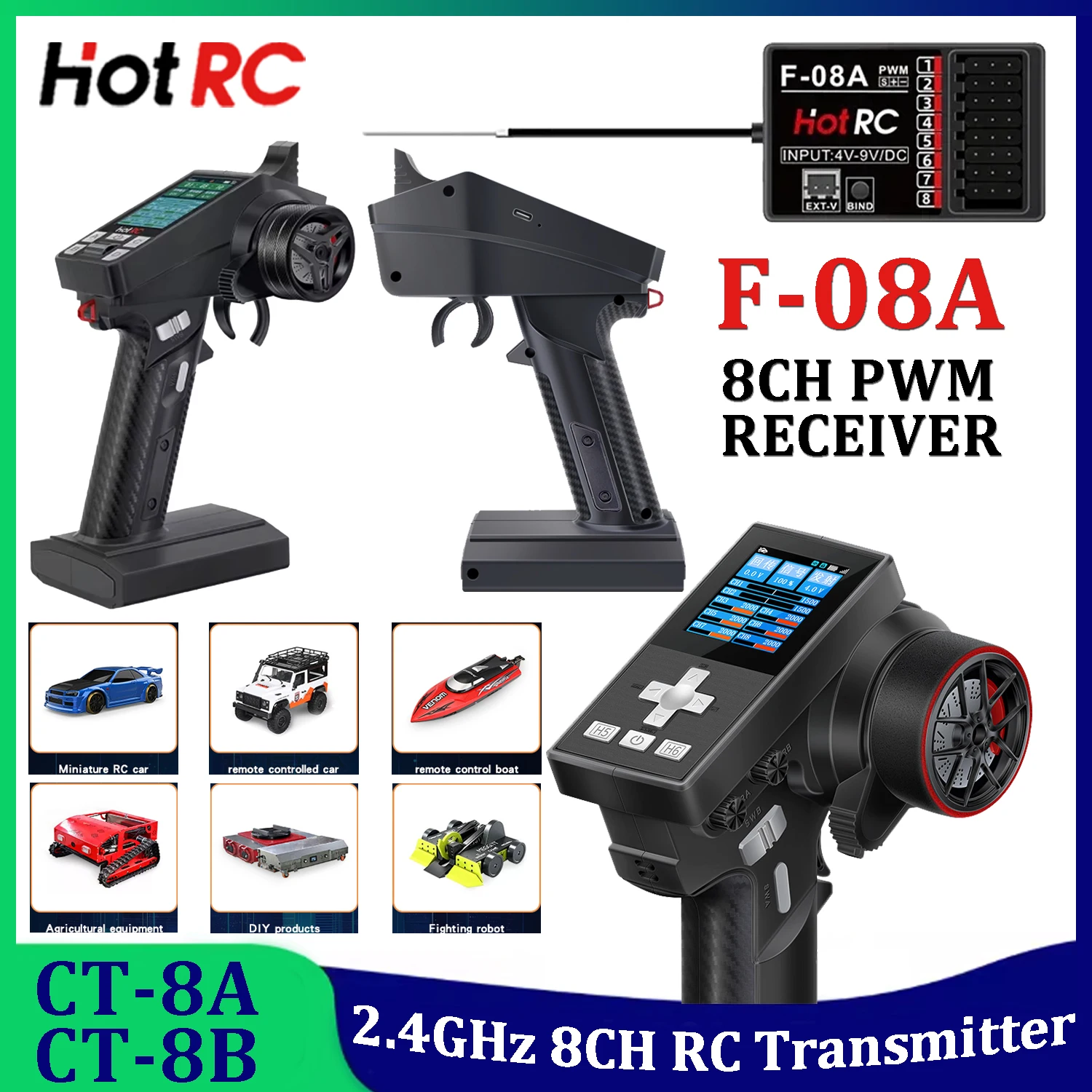 

HOTRC Radio Remote Control CT-8A/CT-8B 8CH 2.4GHz FHSS Transmitter 8CH F-08A PWM Receiver for RC Model Car Boat Tank Accessories