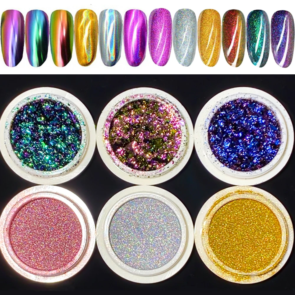 6Jars Chameleon Magic Mirror Nail Art Powder+Glitter Sequins Holographic Chrome Pigment Dust UV Gel Polish Manicure Decorations