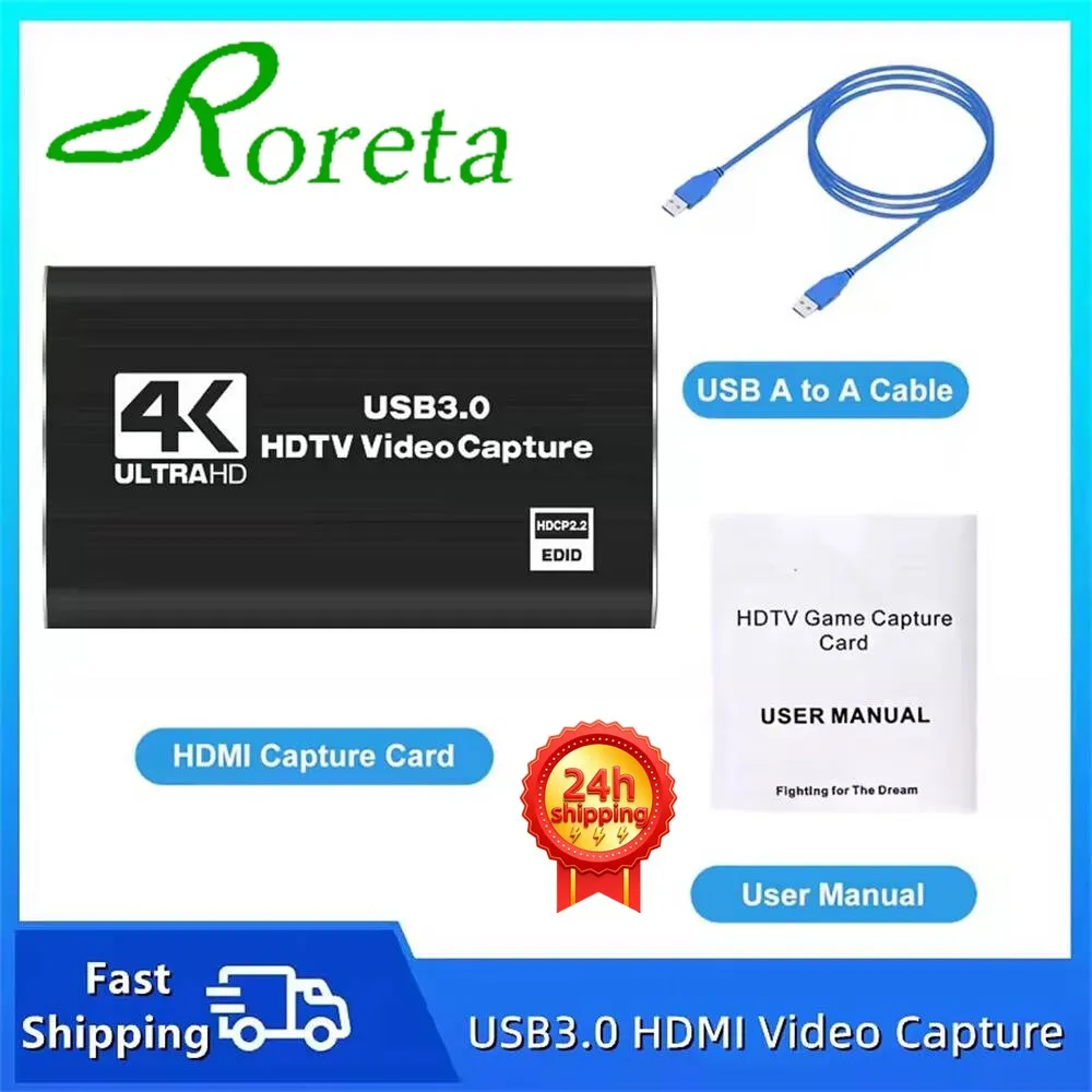 Roreta 4K USB 3.0 Video Capture Card, HDMI-compatible HDTV Recorder Grabber for Game Recording, PC, Game Audio & Mic