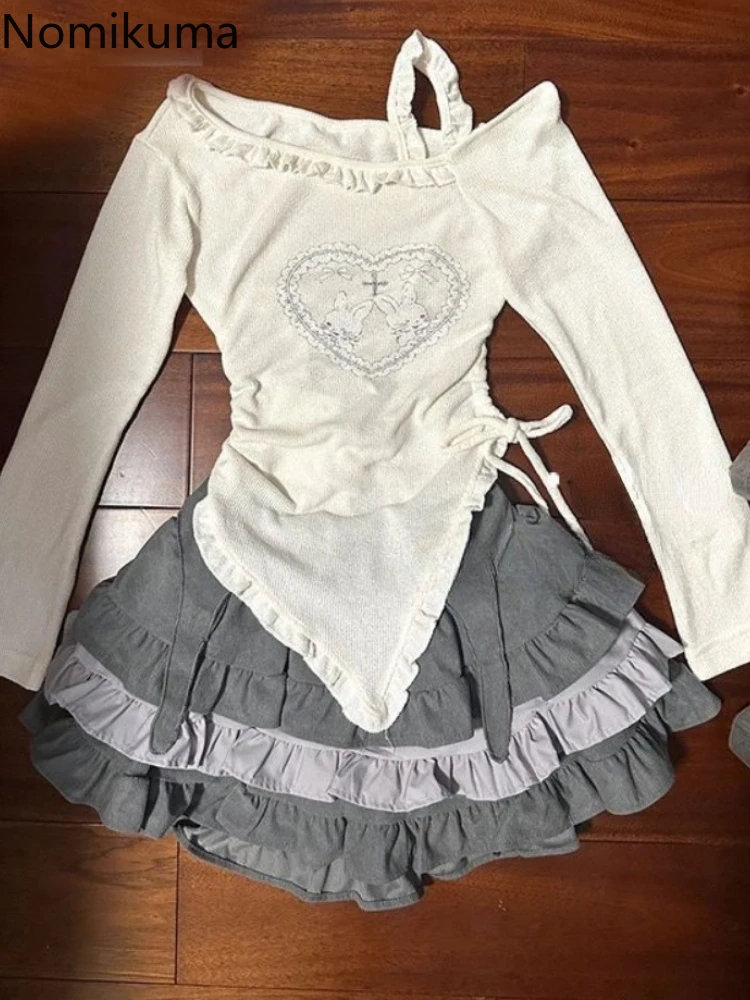 Kawaii set di due pezzi vestiti da donna coulisse irregolare Slash Neck top vita alta Ruffles minigonna abiti abito estivo