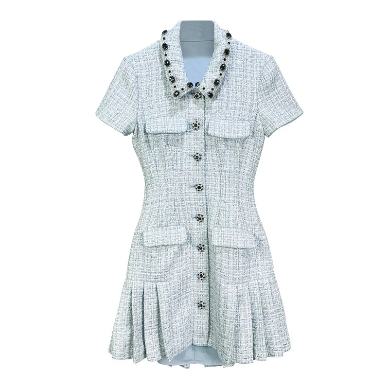 

2025 summer women new style lapel dress with diamond decoration tweed elegant mini party dress