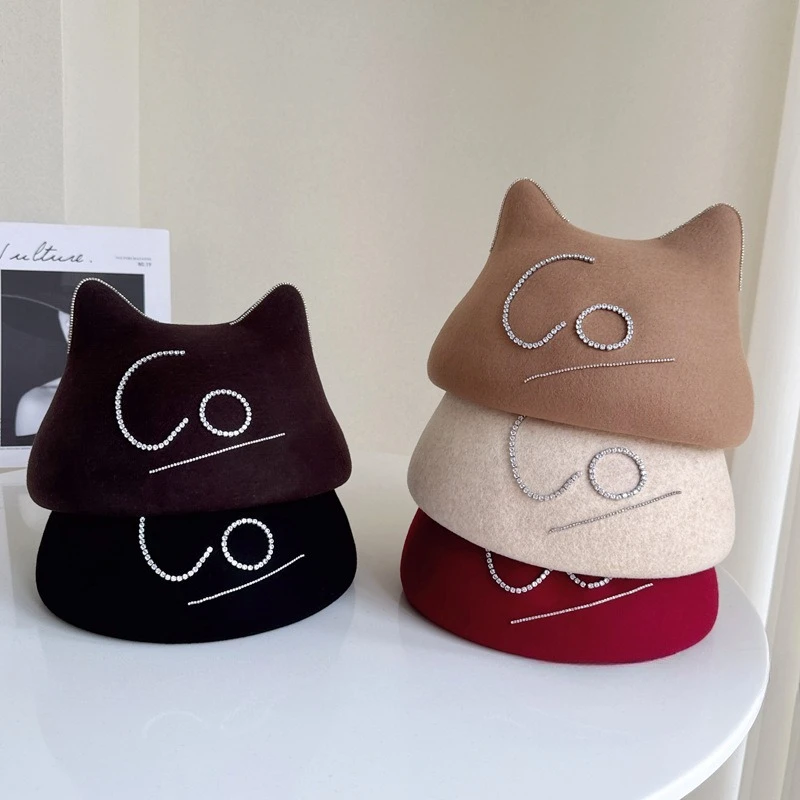 Unique Design Cat Ear Wool Felt Beret Cap Women Cute Wool Felt Rhinestone Letter Fedora Hat White Coffee Chapeu Feminino Cap