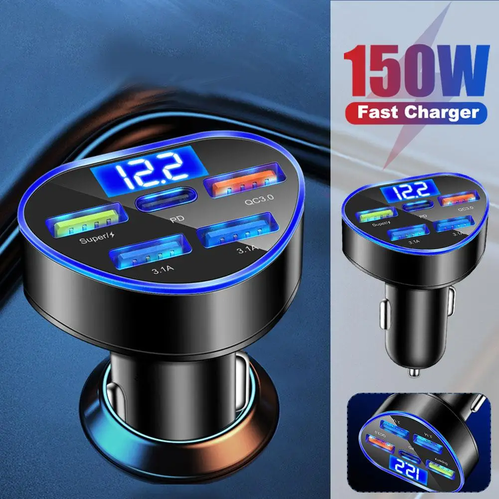 150W 5-in-1 Digital Display Car Charger 12-24V 5-Ports Super Fast Charge PD QC3.0 Dual-USB 3.1A Car Charger For Suv Sedan T K3L6