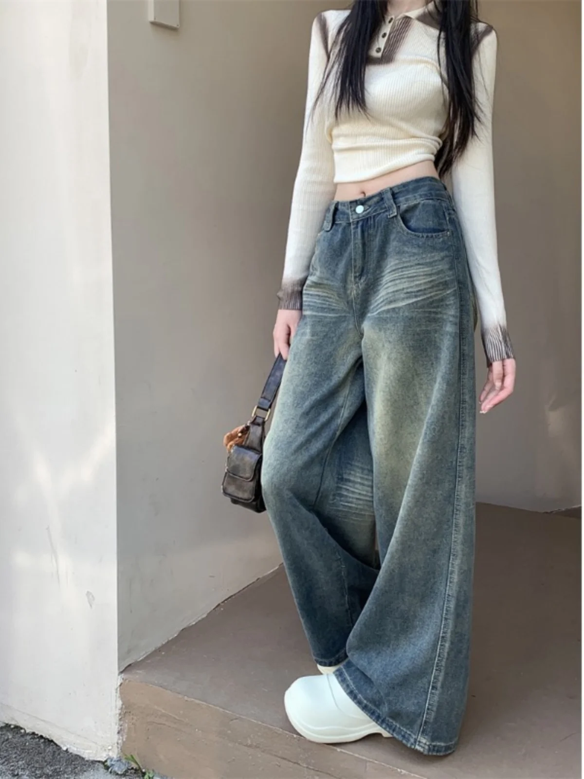 Laagbouw Jeans Y2K 2000S Kleding Gestapeld Ruche Geplooid Gedrapeerd Split Split Asymmetrisch Detail Zijkant Vrouwelijke Denim Broek Mode