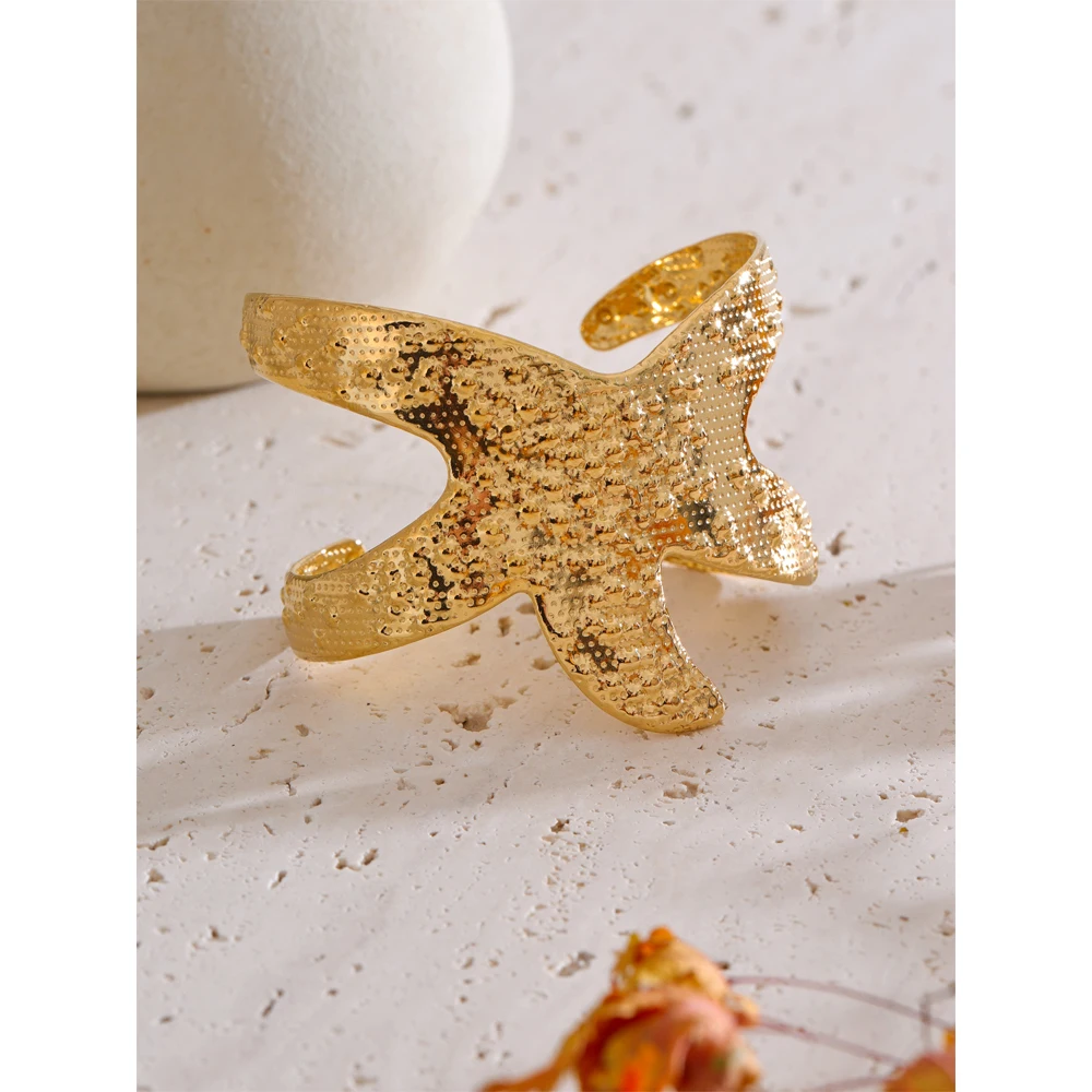 Yhpup 65mm Ocean Style Statement Starfish Cuff Wide Bracelet Bangle Metal Hammer Arrivals Stainless Steel Stylish Unique Jewelry