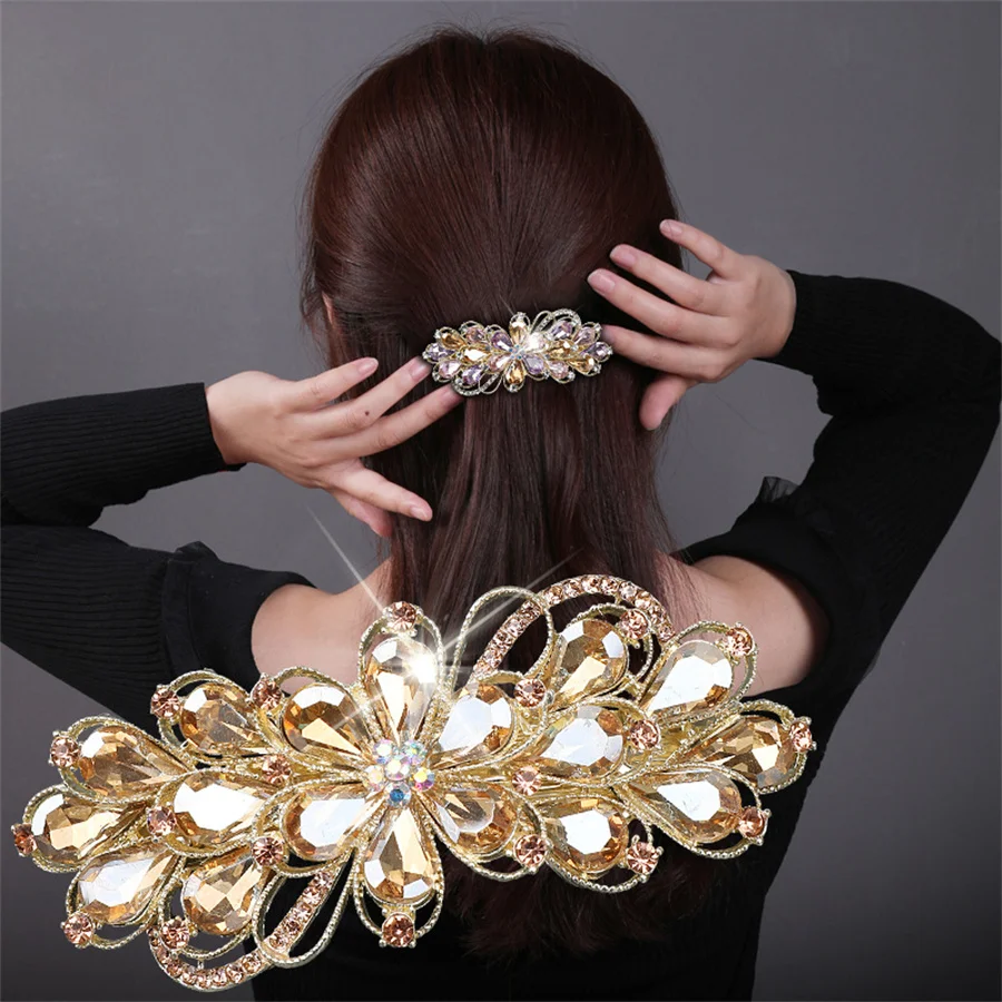 Korean Retro Crystal Flower Spring Hair Clip Vintage Rhinestone Horizontal Clip Top Clip Elegant Mom Fashion Hair Accessories