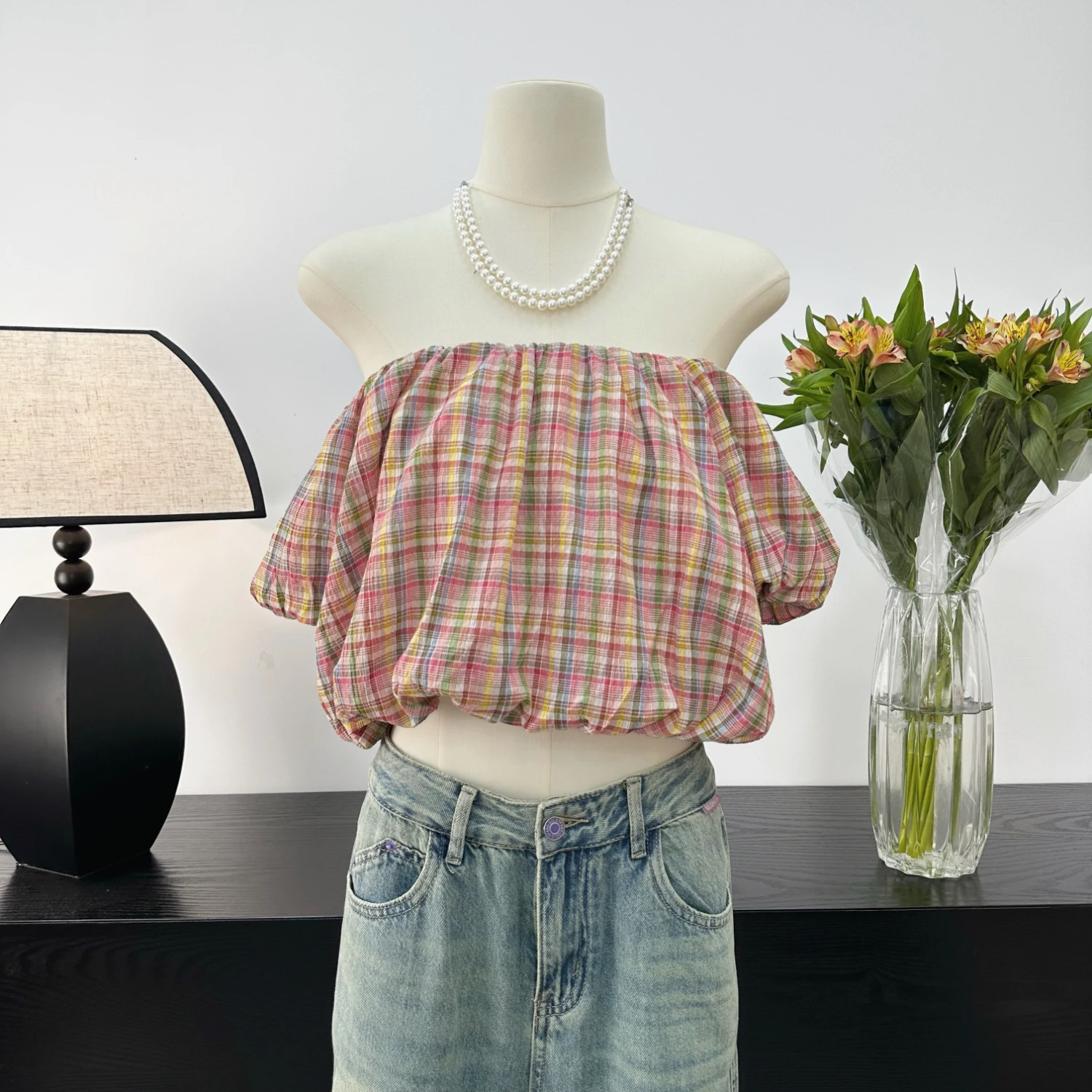 2023 Summer Sexy Off Shoulder Slash Neck Crop Top Korean Fashion puff sleeve rainbow Plaid shirts Women Vintage cotton Blouse