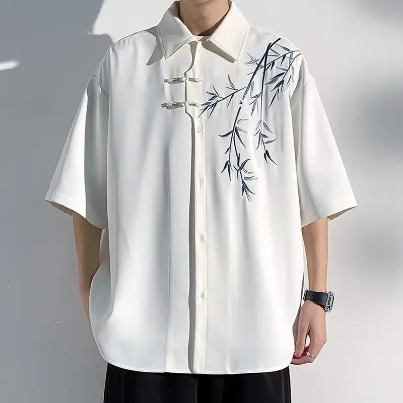 

New Chinese Style Short Sleeve Shirt Men's Summer Design Bamboo Embroidery Shirt Jacket Loose Fit Youth Fashion Polyester Fiber