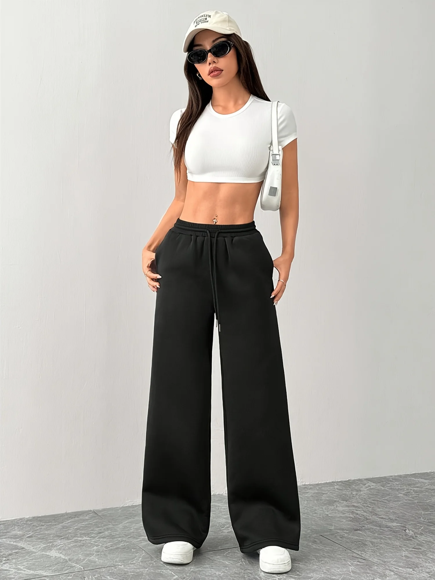 Damen-Hose mit hoher Taille und weitem Bein, lockere Passform, elastische Taille, Kordelzug, lässige Jogger mit Taschen