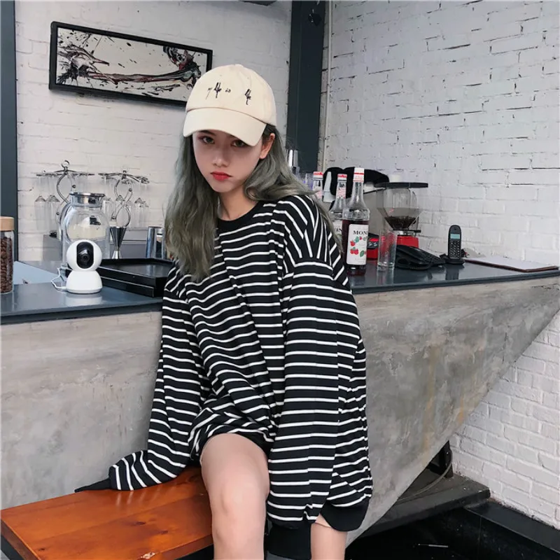 Sweatshirts Women All-match Striped Black Spring Autumn Korean Style Casual Hip Hop New Harajuku Ins Trendy Streetwear Vintage