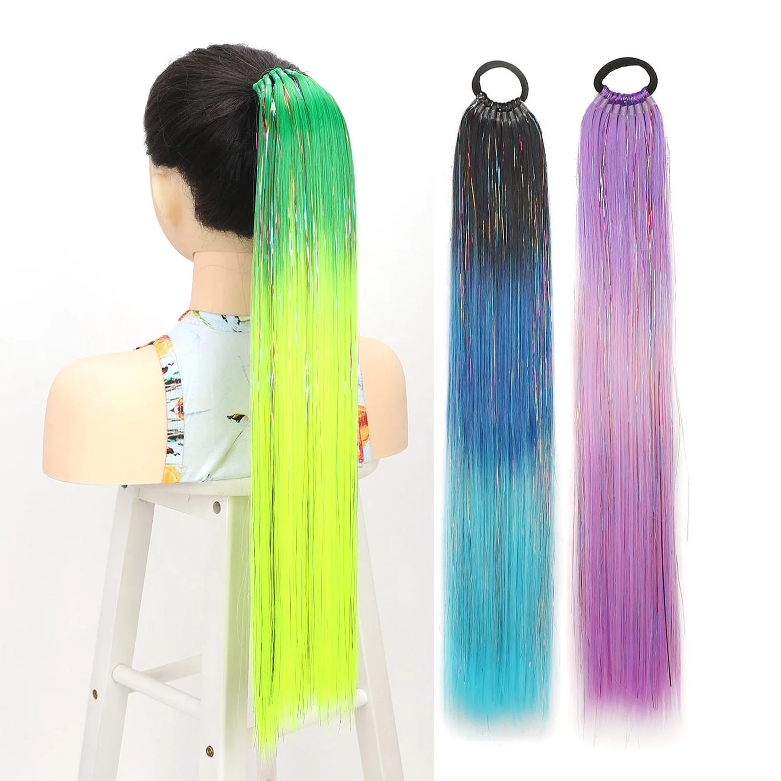 وصلة ذيل حصان الشعر بألوان قوس قزح نابضة بالحياة مع أربطة مطاطية لامعة ذيل حصان صناعي عصري أنيق للنساء والفتيات