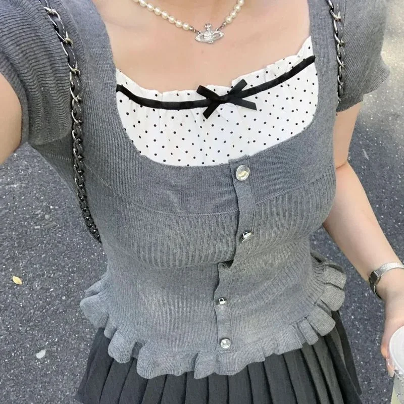 

Вязаные укороченные топы в стиле преппи Kawaii с пышными рукавами и оборками по подолу, сказочные винтажные топы Y2K Milkmaid, женские футболки в Корейском стиле в стиле ретро