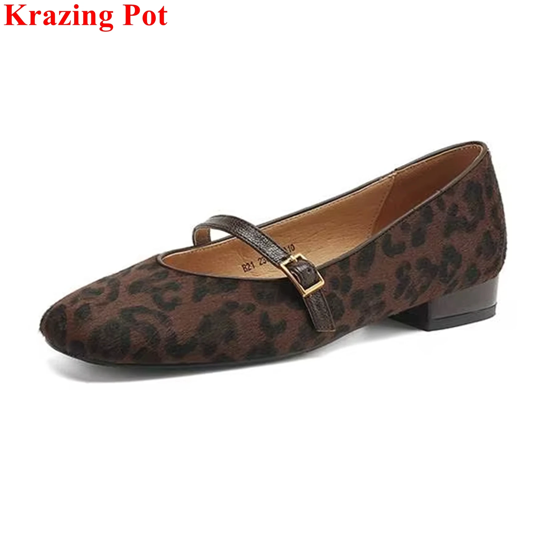 

Krazing Pot Коровья кожа Леопардовый принт Квадратный носок Низкие каблуки Уличная одежда Летние ремни с пряжкой Коровья узоры Женские туфли Мэри Джейн
