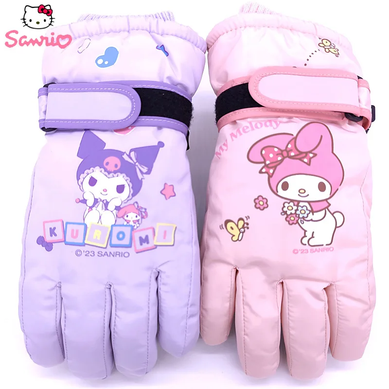 Sanrios Kuromi MyMelody Children Ski Gloves Pochacco Thicken Wniter Warm Student Kid Five-finger Waterproof Glove Christmas Gift