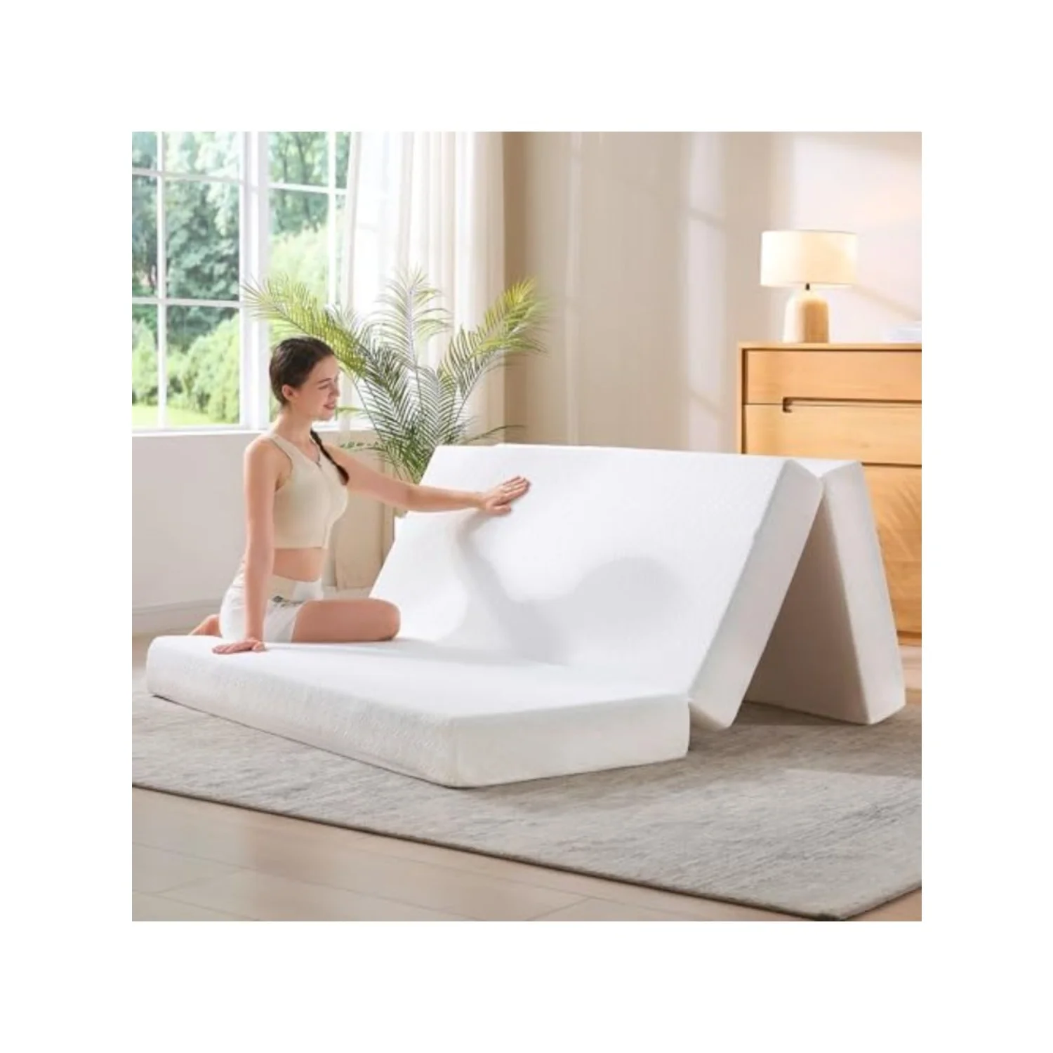 6" Queen Folding Floor Sofa Bed with Memory Foam | White Tri-Fold Floor Mattress, 60"x80" Portable Sofa Couch Guest