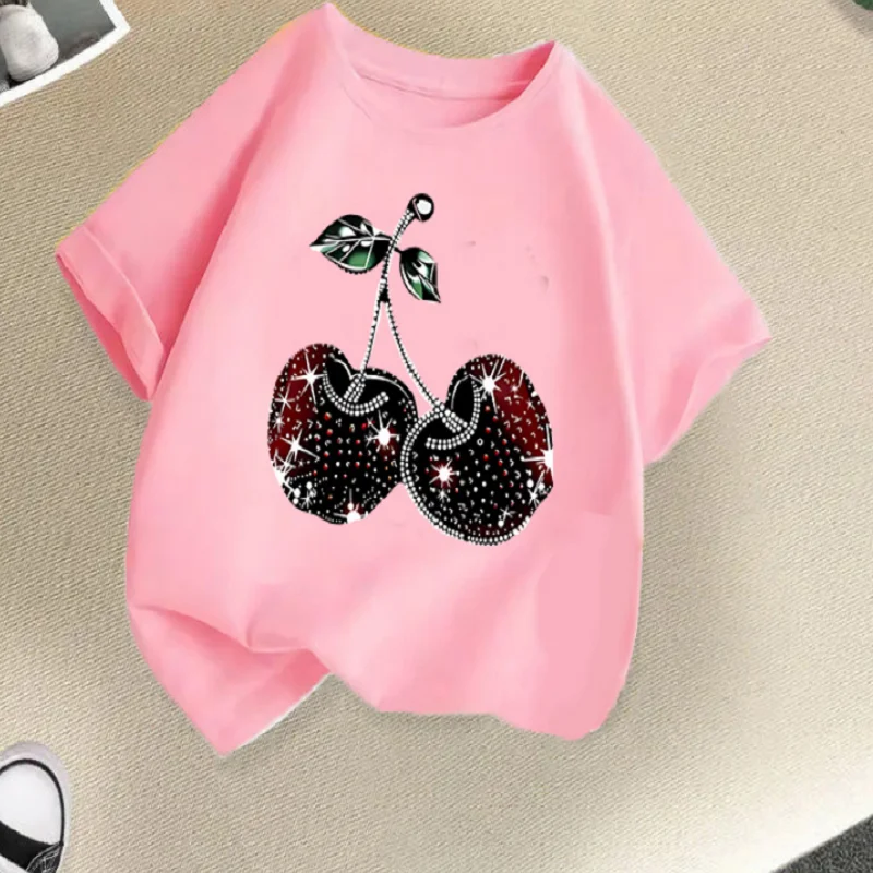 Summer fashion girls short-sleeved T-shirt new children's half-sleeved cherry print versatile tops foreign style children's clot